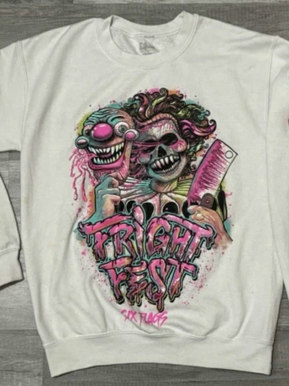 Six flags adult White 'Fright Fest' Graphic Sweatshirt - Pink & Teal Art